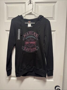 Harley-Davidson Black Women's Hooded Pullover Sweater with Pink Logo